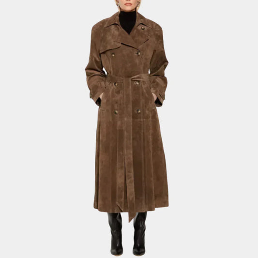 Women's Long Suede Coat – Belted Elegant Style