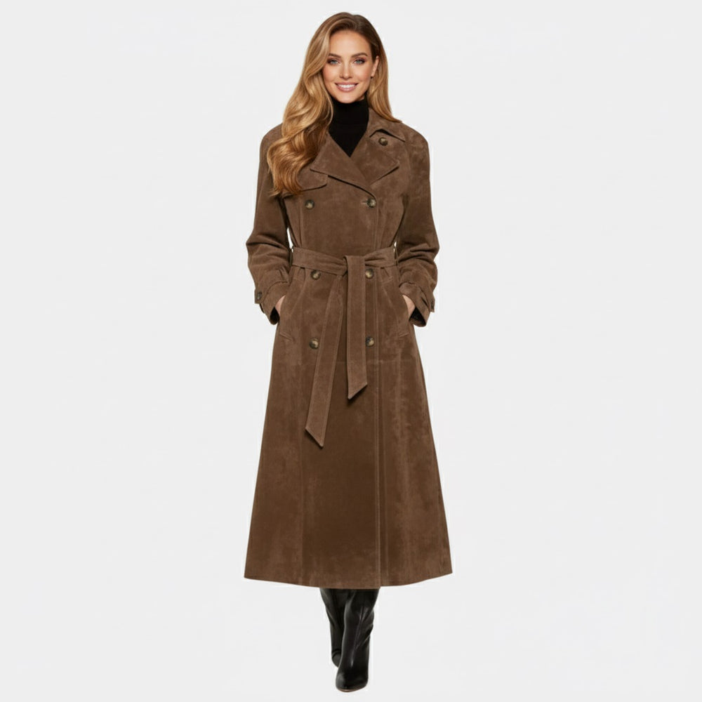 Women's Long Suede Coat – Belted Elegant Style