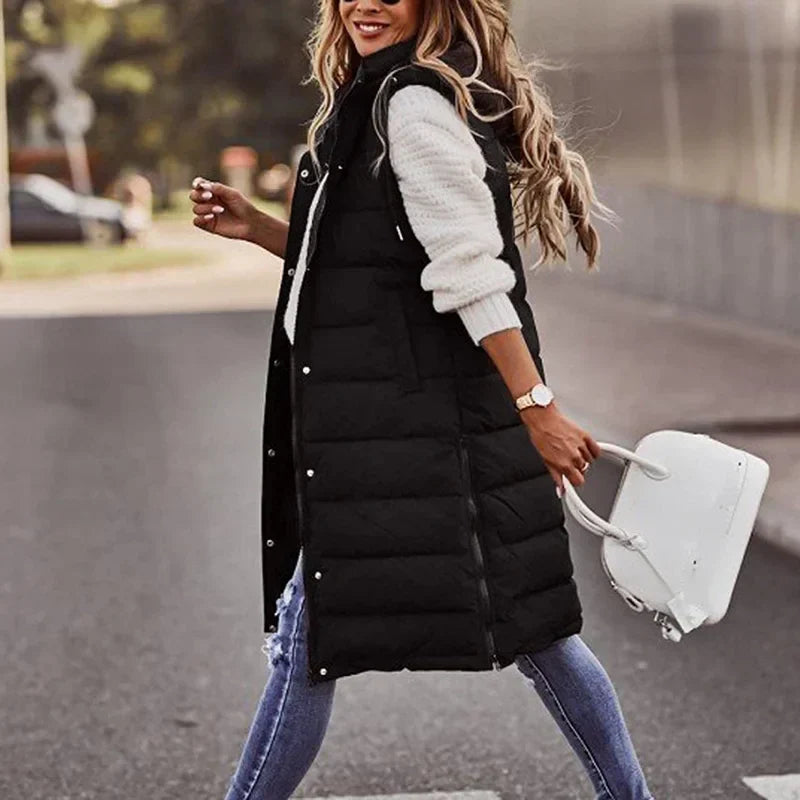Women's Long Hooded Quilted Sleeveless Vest