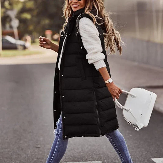 Women's Long Hooded Quilted Sleeveless Vest
